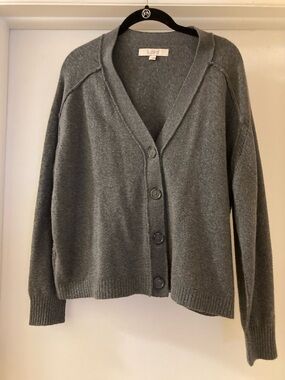 LOFT Charcoal Gray V-Neck Button Front Cardigan